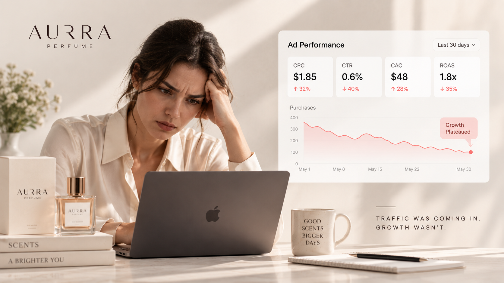 Ad Performance Before Technostripe — CPC $1.85, CTR 0.6%, CAC $48