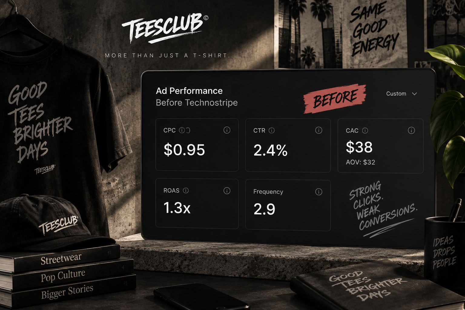 Ad Performance Before Technostripe — CPC $0.95, ROAS 1.3x, CAC $38